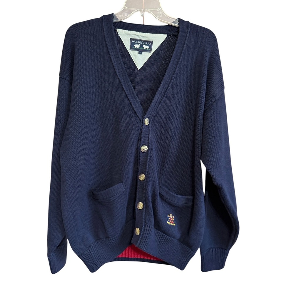 Woods & Gray Mens Navy Blue Cotton V-Neck Cardigan Sweater Crest‎ L Old Money